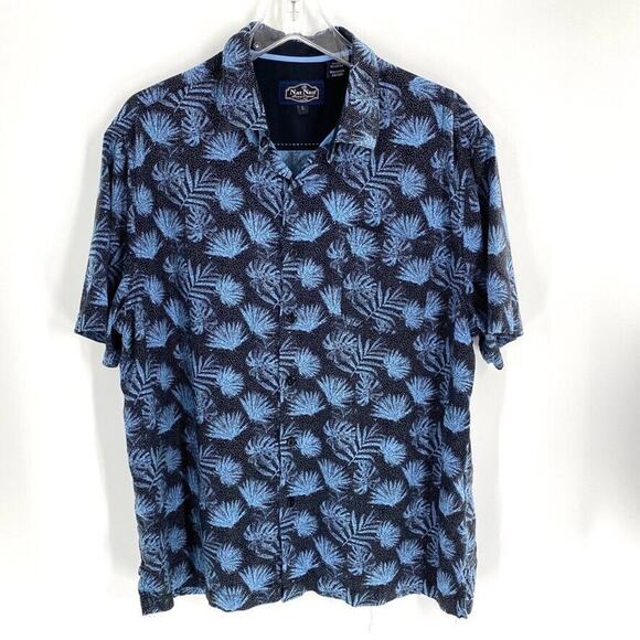 Nat Nast Mens Button Front Bowling Shirt Short Sleeve Blue Silk Blend Palms Sz L - Picture 1 of 7